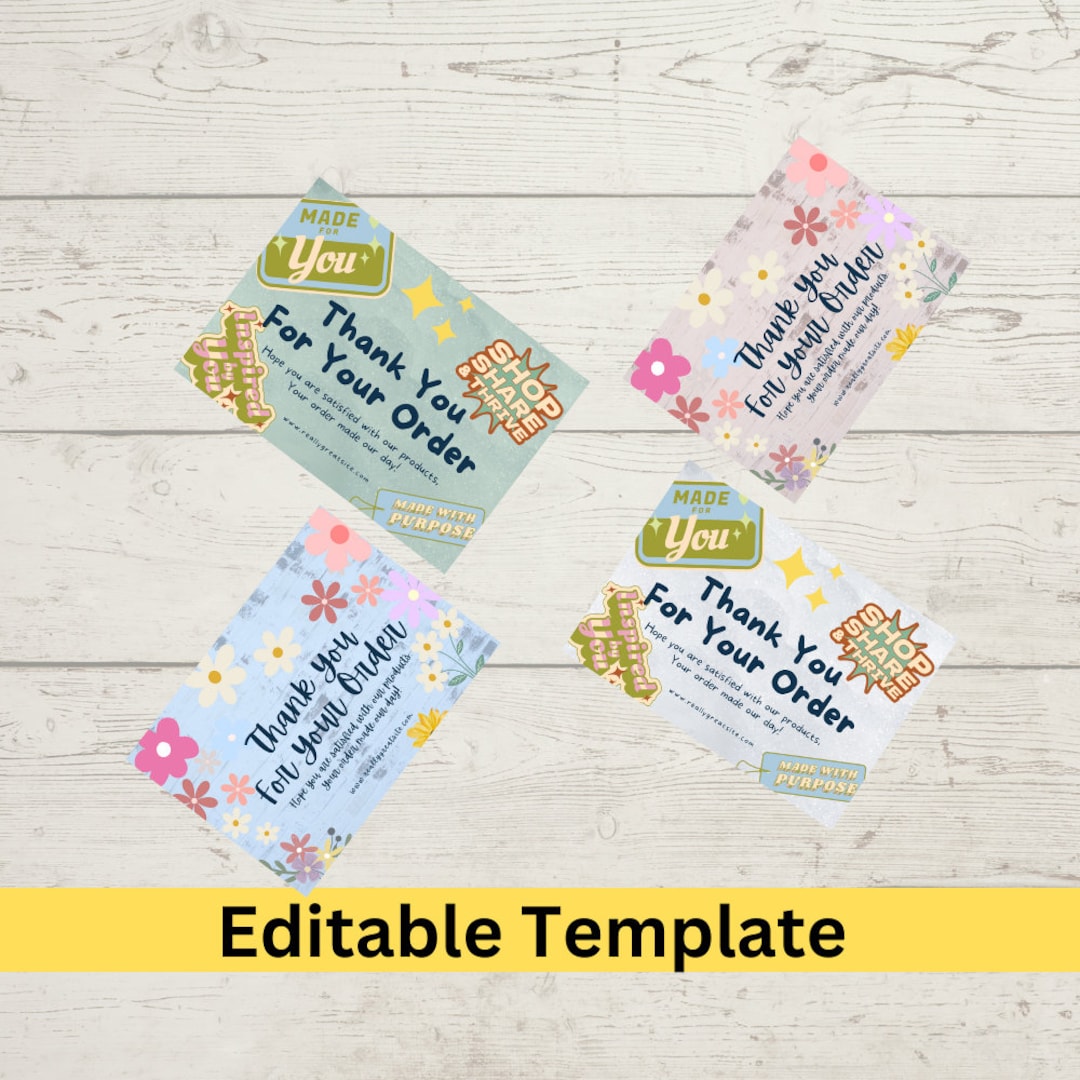 Editable Thank You for Your Purchase Templates, Set of 4 Printable ...