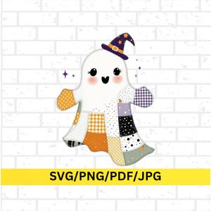 May include: A cute ghost illustration wearing a witch hat, with a patchwork design in orange, yellow, purple, and black. The ghost has a smiling face and is set against a white brick background. The image includes the text "SVG/PNG/PDF/JPG" in a yellow banner.