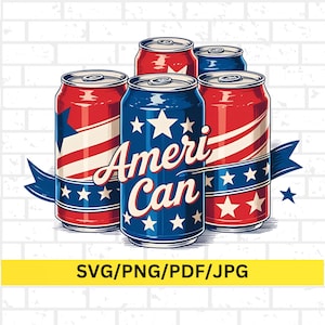 May include: Illustration of five beverage cans with patriotic designs. The cans are red and blue, featuring stars and stripes, and the text "Ameri Can". A blue ribbon with stars is draped across the cans. The background is a white brick wall.