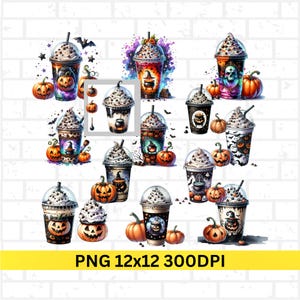 Halloween  Hot Coffee Drink Clipart Bundle, Coffee Clipart Set, Scary Gothic Watercolor Spooky Season PNG Bundle, Pumpkin Designs