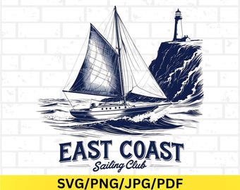 East Coast Sailing PNG, Nautical Digital Design, Sailboat Lighthouse Clipart, Vintage Coastal Ocean Illustration for Beach