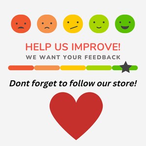 K&ouml;nnte beinhalten: Ein F&uuml;nf-Sterne-Bewertungssystem mit roten, orangefarbenen, gelben, gr&uuml;nen und dunkelgr&uuml;nen Smiley-Gesichtern. Der Text "HELP US IMPROVE! WE WANT YOUR FEEDBACK" wird &uuml;ber dem Bewertungssystem angezeigt. Ein rotes Herz wird unter dem Text "Dont forget to follow our store!" angezeigt.