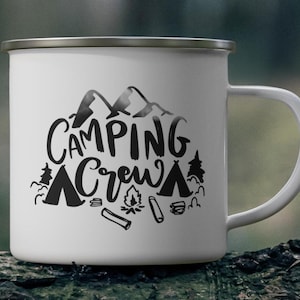 Taza de camping esmaltada personalizada, ideal para aventuras al aire libre, ideal como regalo para viajes de camping.