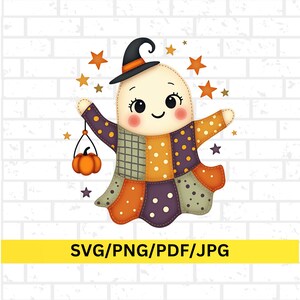May include: A cute cartoon ghost wearing a witch hat and patchwork dress, holding a pumpkin lantern. The ghost is surrounded by orange stars. The image includes the text "SVG/PNG/PDF/JPG" in a yellow banner.