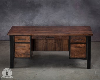 Walnut executive desk, walnut desk with drawers, industrial office desk, home office desk with storage, solid wood computer desk, wood desk