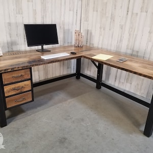 Reclaimed L-shaped computer desk, rustic corner desk, barnwood office desk, barnwood corner desk with drawers, solid wood workstation