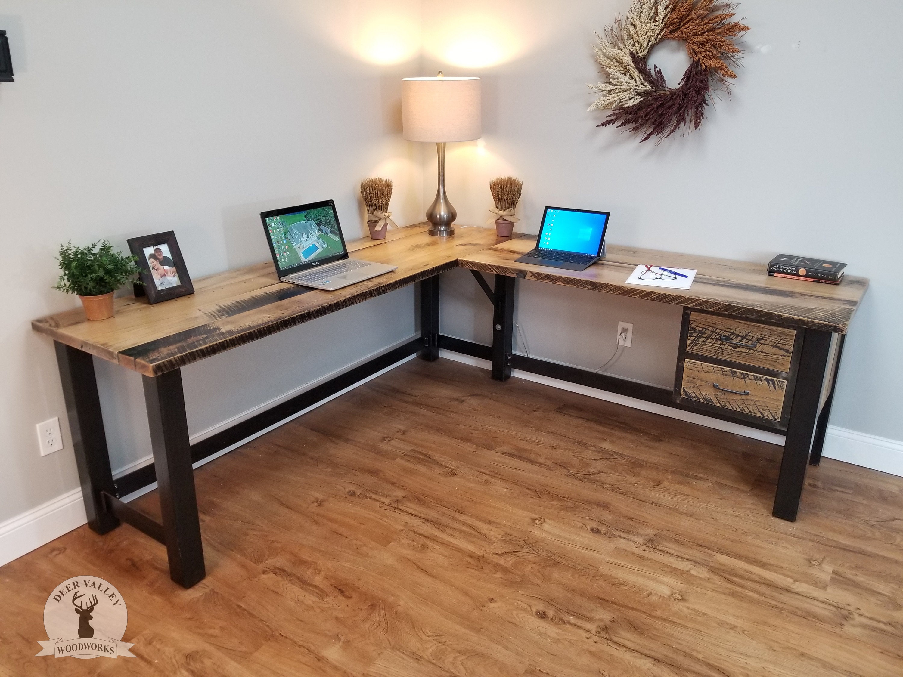 Reclaimed U-shaped Computer Desk, Rustic Corner Desk, Barnwood Office Desk,  Solid Wood Workstation With Credenza, Corner Desk With Drawers 