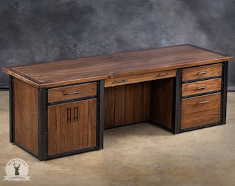 Industrial walnut executive desk, wood modern desk, large executive desk, home office executive wood desk with drawers, solid walnut desk