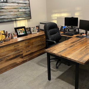 Reclaimed U-shaped computer desk, rustic corner desk, barnwood office desk, solid wood workstation with credenza, corner desk with drawers