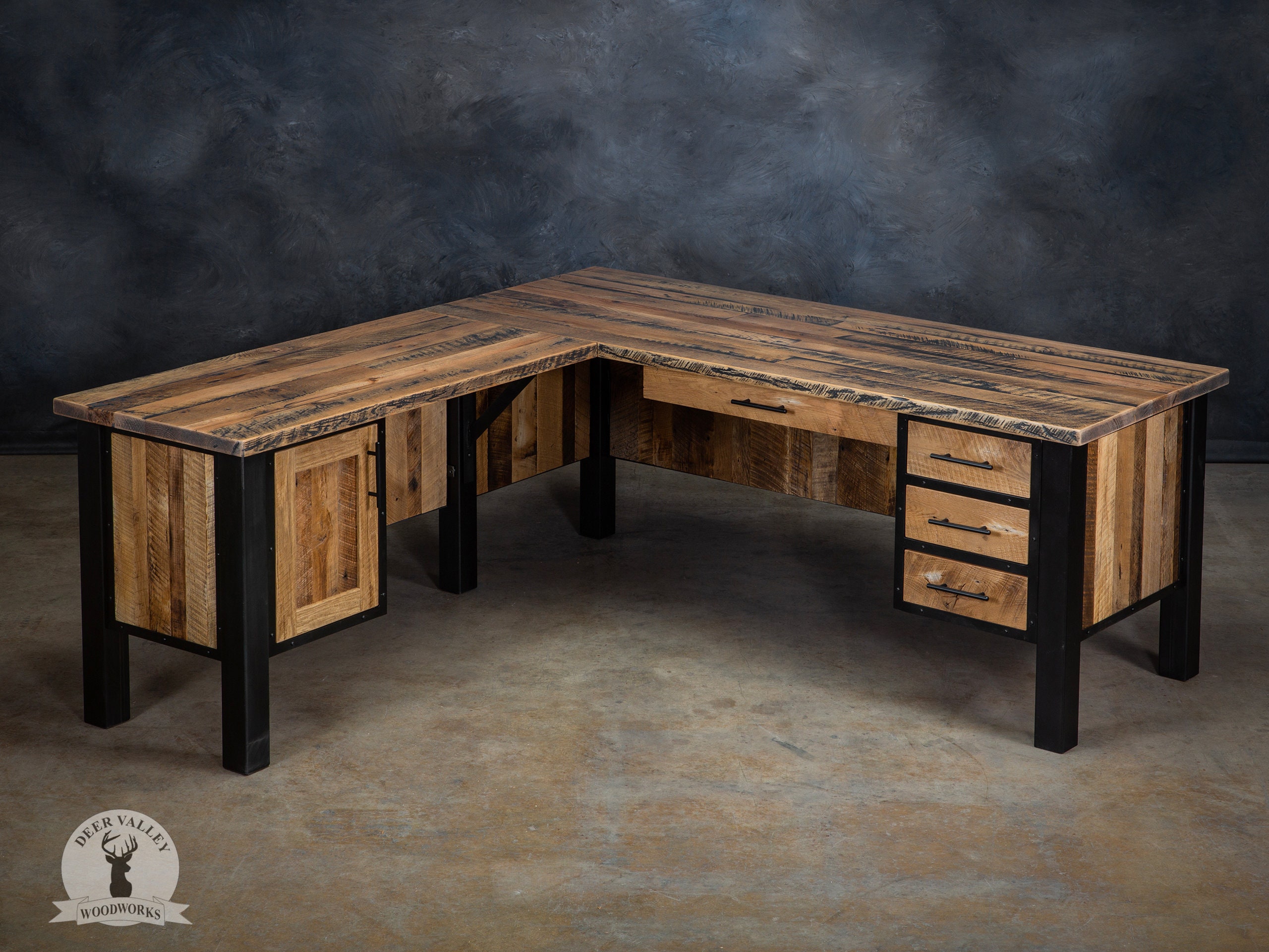 Rustic l shaped desk with drawers discount