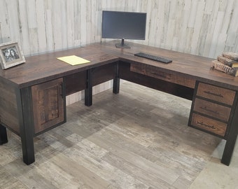 Reclaimed wood L-shaped desk, rustic corner desk, barnwood office desk, custom recycled wood home office corner desk with drawers