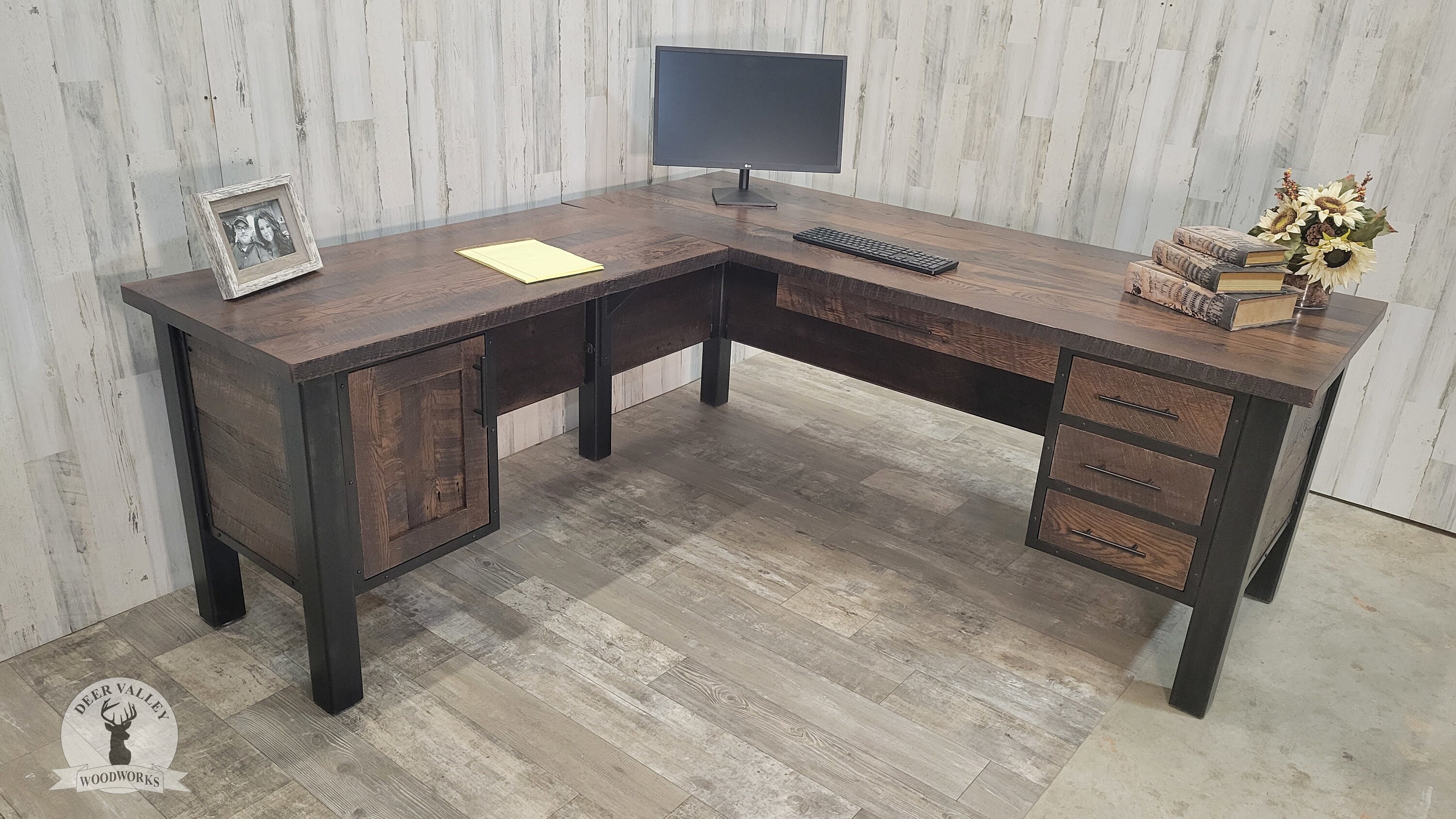 Rustic corner 2024 desk with drawers