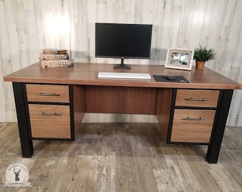 Walnut executive desk, modern office desk, industrial desk