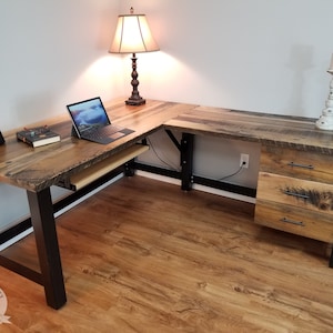 Reclaimed wood computer desk, rustic corner desk, barnwood office desk, solid wood office workstation with drawers, office L-shaped desk