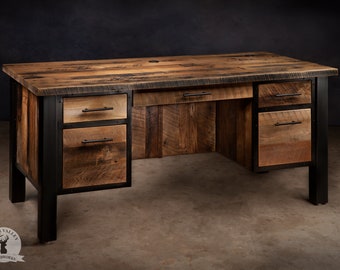 Industrial modern desk, reclaimed wood desk, executive desk, barnwood computer desk with drawers, solid wood office desk with storage