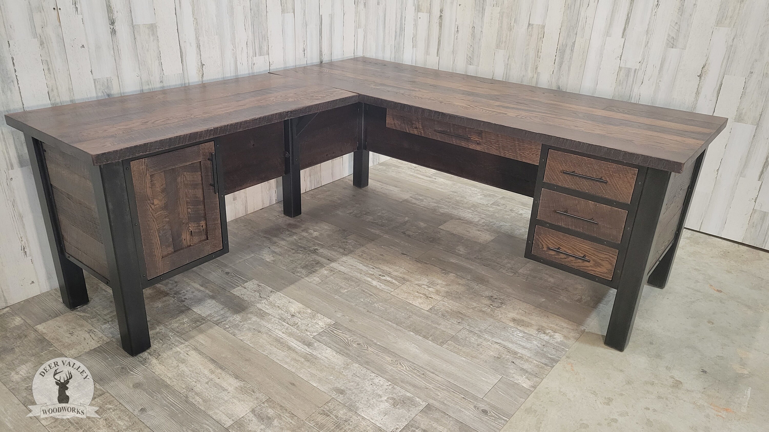 The Stacy II Barnwood Corner Desk, Natural Finish With Three Drawers,  Cabinet, And Modesty Panels