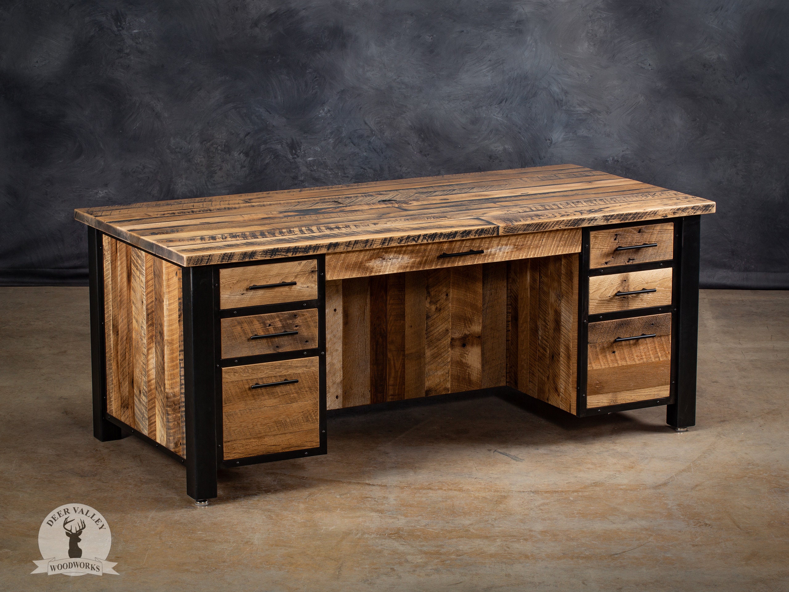 Reclaimed Wood Executive Desk With Storage, Office Computer Desk