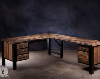Reclaimed L-shaped computer desk, rustic corner desk, barnwood office desk, custom solid wood corner desk with drawers, barnwood corner desk