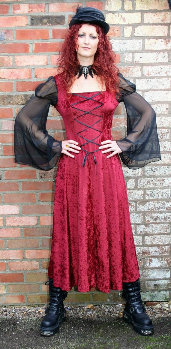Designs on You Size 10 Burgundy Crushed Velvet, Black Chiffon and Black  Satin Ribbon Romantic Gothic or Witch Long Sleeve Full Length Dress