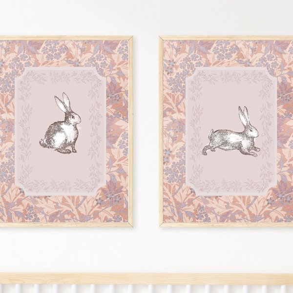 Bunny Rabbit Print Nursery Decor • Vintage Sketch Nursery •  Printable Wall Art  •  Watercolor Floral • Nursery Wall Grandmillenial Art Girl