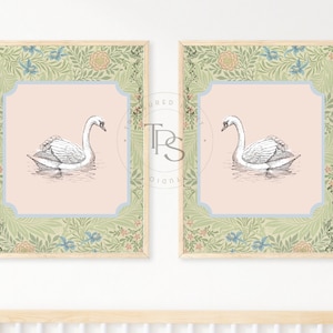 Set 2• Swan Print Nursery Decor  • Swan Nursery Art  •  Printable Wall Art  •  Pastel Vintage Floral • Nursery Wall Grandmillenial Art Girl