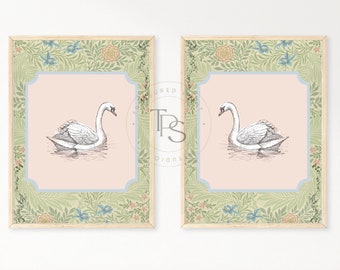 Set 2• Swan Print Nursery Decor  • Swan Nursery Art  •  Printable Wall Art  •  Pastel Vintage Floral • Nursery Wall Grandmillenial Art Girl