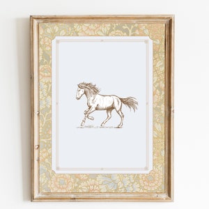 Décor de pépinière d'impression de cheval • Croquis de pépinière vintage • Art mural imprimable • Aquarelle florale • Mur de pépinière Grandmillennial Art Girl Southern