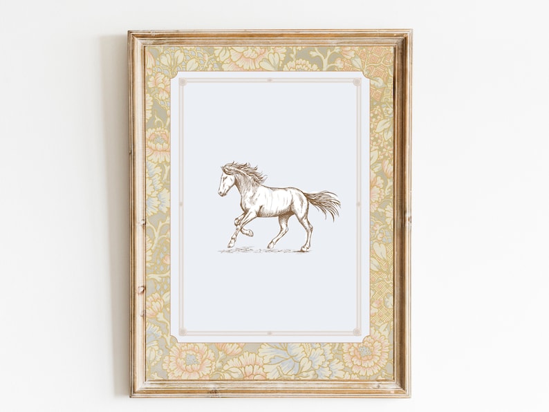 Horse Print Nursery Decor Vintage Nursery Sketch Printable Wall Art Watercolor Floral Nursery Wall Grandmilennial Art Girl Southern image 1