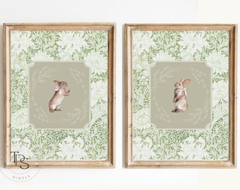 Sage Green Rabbit Vintage Print Nursery Decor • Bunny Nursery Art • Printable Wall Decor• Vintage Wallpaper• Nursery Wall Grandmilennial Art