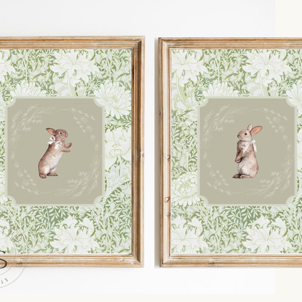 Sage Green Rabbit vintage Print Nursery Decor • Bunny Nursery Art • Printable Wall Decor • vintage Wallpaper • Nursery Wall Grandmillennial Art
