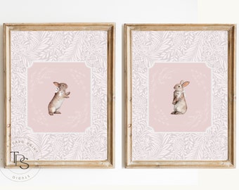 Rabbit Vintage Print Nursery Decor • Bunny Nursery Art • Printable Wall Art  •  Girly Preppy Floral • Nursery Wall Grandmilennial Art Girl