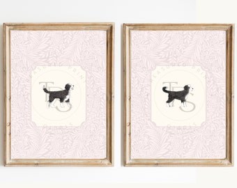 Pink Floral Bernedoodle Dog Sketch • Digital Print Nursery Decor• Doodle Puppy Nursery Wall Art •Vintage Wallpaper Grandmilennial Art Preppy
