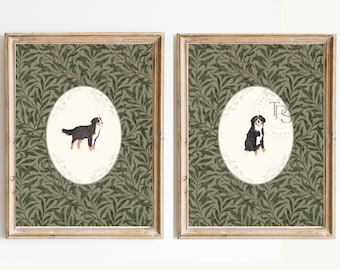 May include: Two framed prints with a green and white floral pattern. Each print features a Bernese Mountain Dog in a white oval. The dog on the left is standing and the dog on the right is sitting.