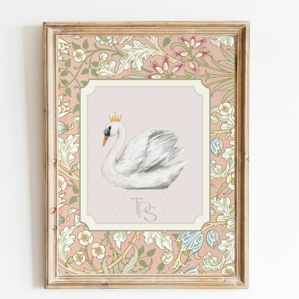 Swan Princess Queen Vintage Art  • Printable Wall Art  • Pastel Vintage Floral • Nursery Wall Grandmilennial Art Girl • Old Money Decor Baby