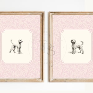 Decorazione della scuola materna con stampa vintage con cane • Goldendoodle • Arte da parete stampabile Labradoodle • Floreale rosa • Parete della scuola materna Grandmillennial Art Girl Boy