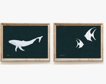 Set of 2 • Sea Life Whale Fish • Printable Nursery Wall Art • Digital Download • Ocean Nautical Costal Navy Blue Minimal •