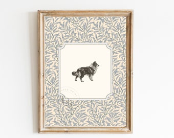 Border Collie Vintage Print Nursery Decor • Dog Nursery Art • Printable Wall Art • Vintage Floral• Nursery Wall Grandmilennial Art Sketch