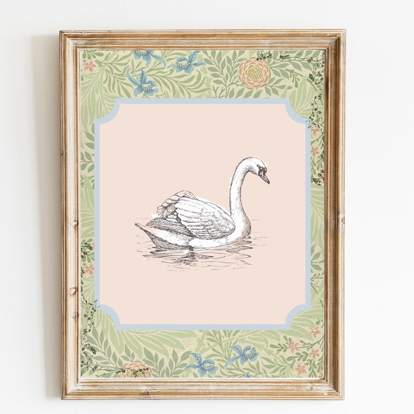 Swan Print Nursery Decor  • Swan Nursery Art  •  Printable Wall Art  •  Pastel Vintage Floral • Nursery Wall Grandmillennial Art Girl