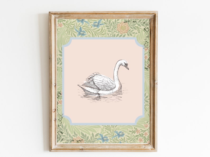 Swan Print Nursery Decor Swan Nursery Art Printable Wall Art Pastel Vintage Floral Nursery Wall Grandmillennial Art Girl image 1