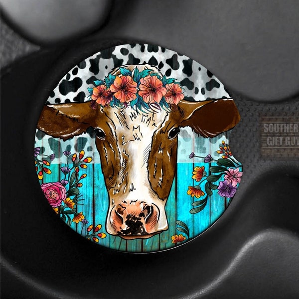 Western Car Coaster Set of 2, Cow Gifts for Cow Lovers,  Birthday Gift for Teen, Farm Life Gift for Girls, Cow Interior Car Decorations