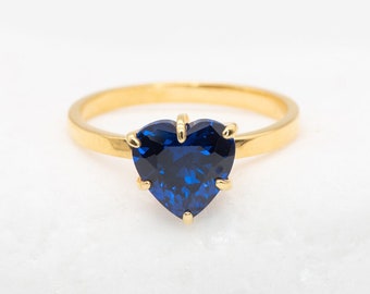 Sapphire Heart Ring, Dainty Sapphire Ring, Gold Heart Ring, Minimalist Blue Heart Ring, Solitaire Heart Ring, Created Sapphire, Gold Vermeil