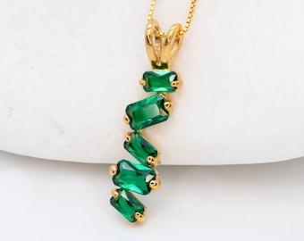 Gold Emerald Necklace, Created Emerald, Gold Baguette Pendant, May Birthstone Necklace, Dainty Green Necklace, Gold Minimalist Pendant