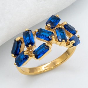 Gold Sapphire Ring, Created Sapphire, Blue Sapphire Ring, September Birthstone Ring, Blue Baguette Ring, Multistone Sapphire Ring