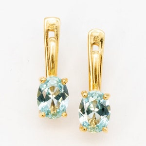 Gold Aquamarine Earrings, Gold Oval Earrings, Gold Created Aquamarine Studs, Blue Minimal Earrings, Gold Blue Earrings, Choose Your Gemstone