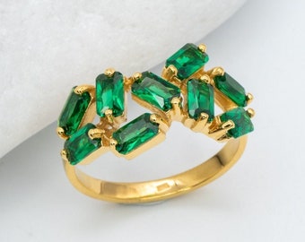 Gold Emerald Ring, Emerald Baguette Ring, May Birthstone, Green Emerald Ring, Green Stone Ring, Created Emerald Ring, Emerald Cluster Ring