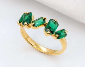 Gold Emerald Ring, Created Emerald, Gold Baguette Ring, Gold Emerald Cut Ring, Gold Asymmetric Ring, Gold Minimalist Ring, Gold Vintage Ring