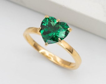 Gold Emerald Heart Ring, Green Heart Ring, Created Emerald Ring, Gold Heart Ring, Anniversary Jewellery, Green Dainty Ring, Gifts For Her