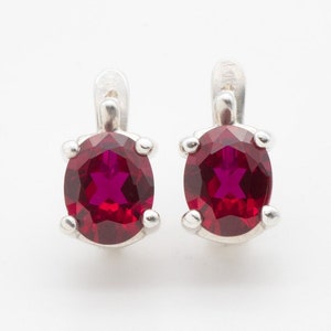 Ruby Earrings, Created Ruby, Oval Ruby Earrings, Red Ruby Earrings, Red Gem Earrings, Red Vintage Earrings, Minimalist Earrings, 925 Silver