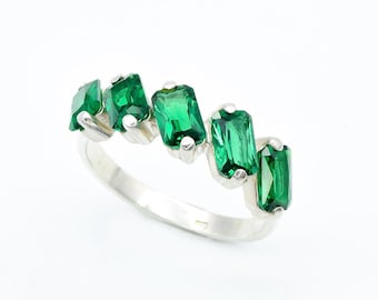 Emerald Baguette Ring, Created Emerald, Emerald Ring, Emerald Green Ring, Baguette Ring, Emerald Cut Ring, Half Eternity Band, Silver Ring