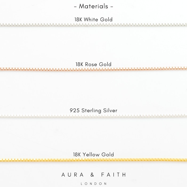 May include: Four different chain styles in 18K white gold, 18K rose gold, 925 sterling silver, and 18K yellow gold. The text "Materials" and "AURA & FAITH LONDON" is visible at the top and bottom of the image.
